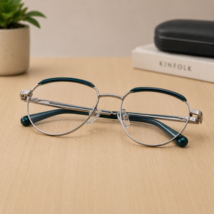 Classic Round Metal Eyeglasses – Silver & Teal - BLK-OF-0026
