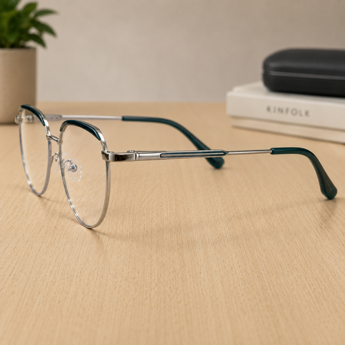 Classic Round Metal Eyeglasses – Silver & Teal - BLK-OF-0026