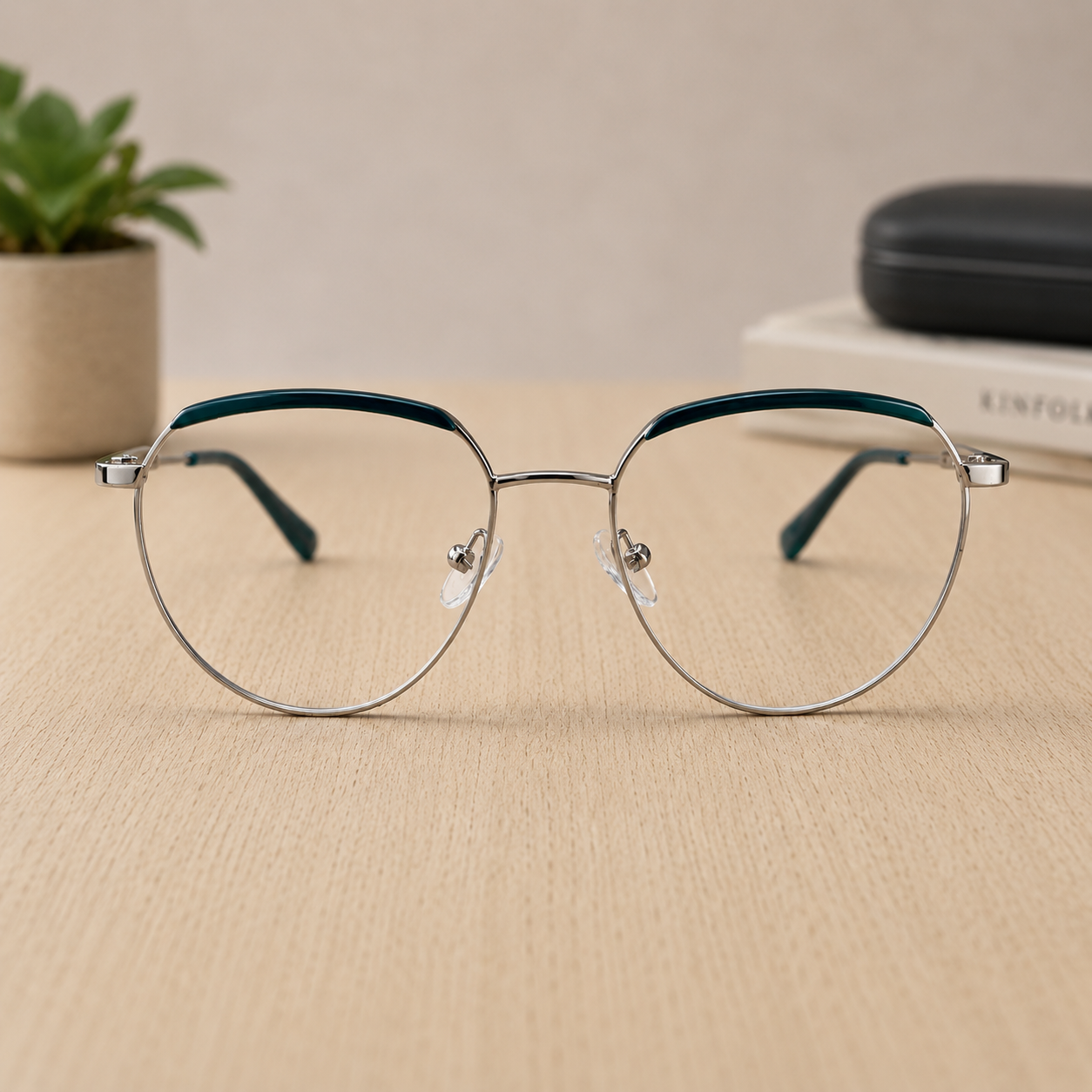 Classic Round Metal Eyeglasses – Silver & Teal - BLK-OF-0026