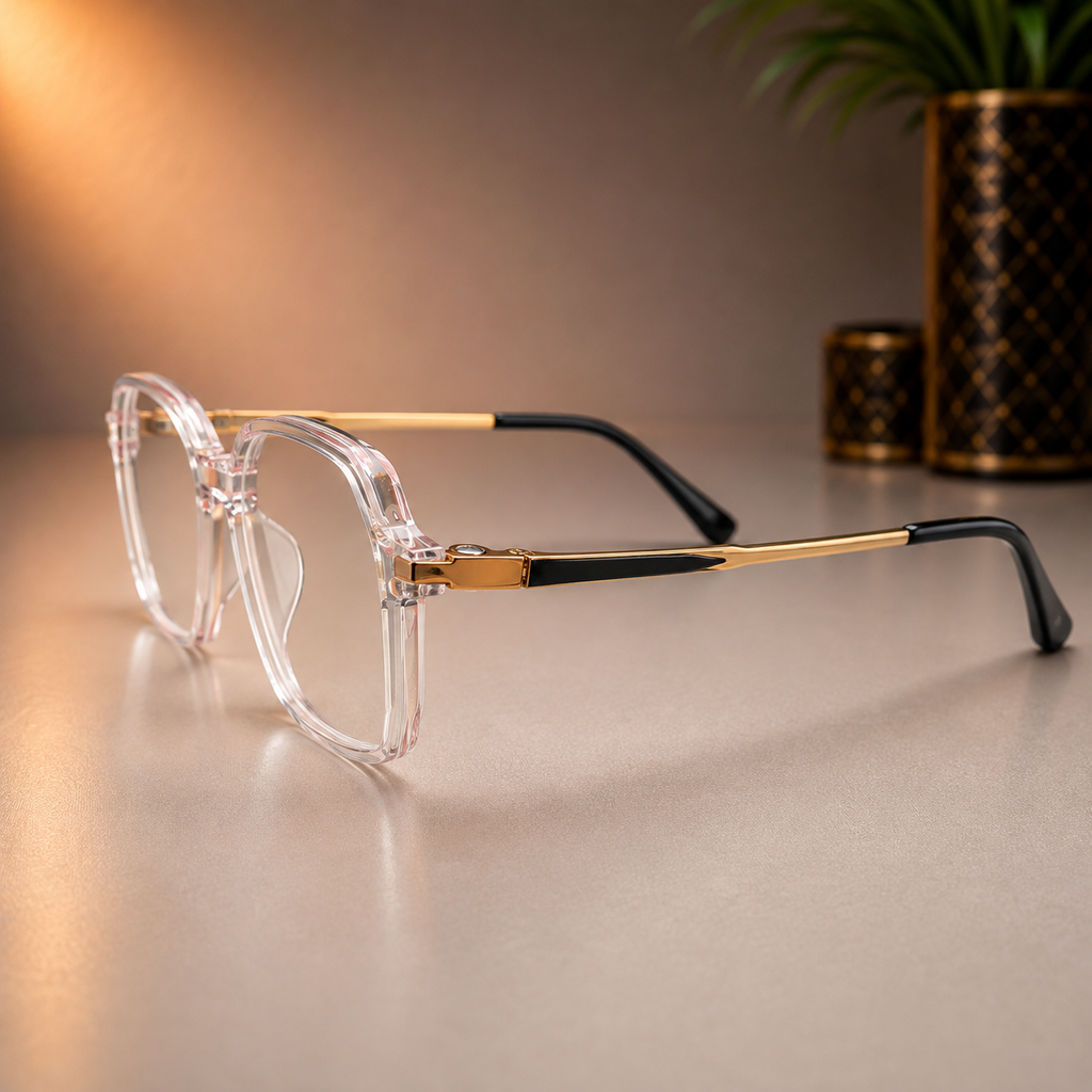 Crystal & Gold Geometric Frame With Magnetic Clip-On Sunglasses - BLK-OF-0065