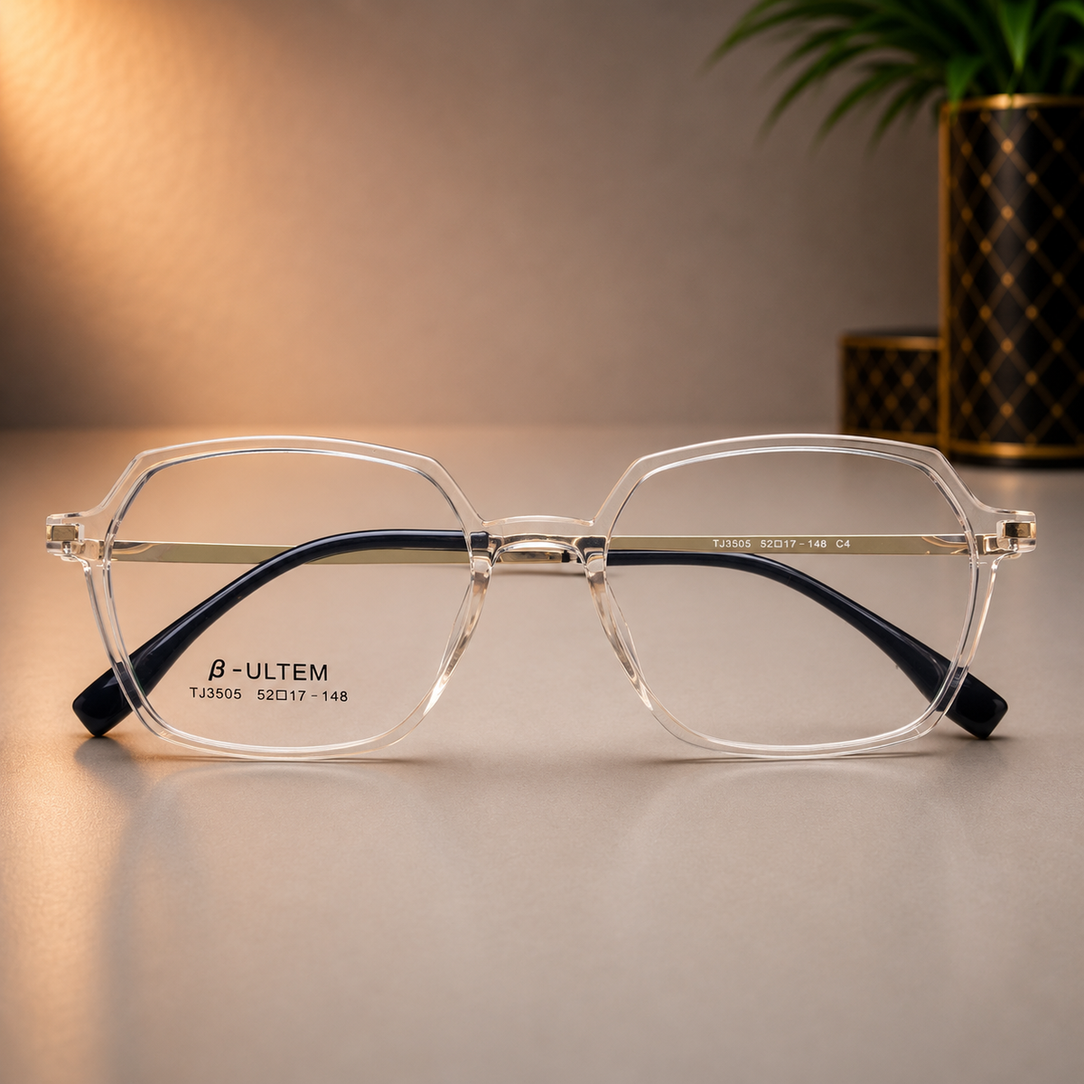 Crystal & Gold Geometric Frame With Magnetic Clip-On Sunglasses - BLK-OF-0065