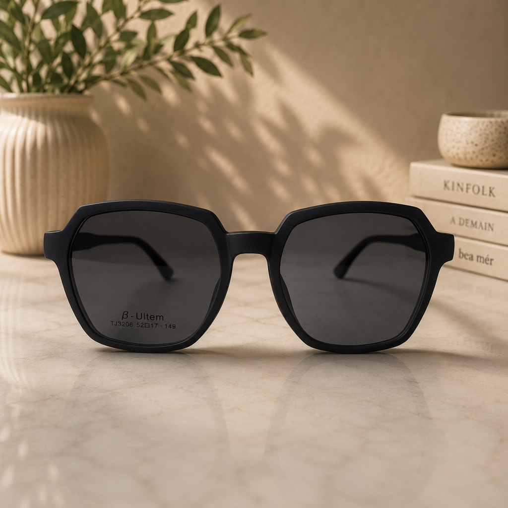 Matte Black Geometric Frame with Magnetic Clip-On Sunglasses –  BLK-OF-0068