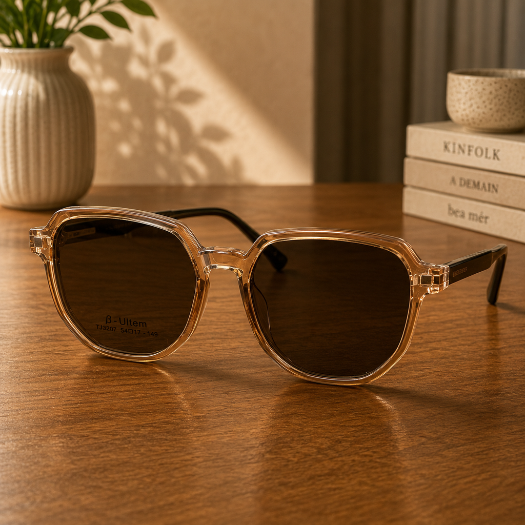 Crystal Brown Geometric Frame with Magnetic Clip-On Sunglasses –  BLK-OF-0069