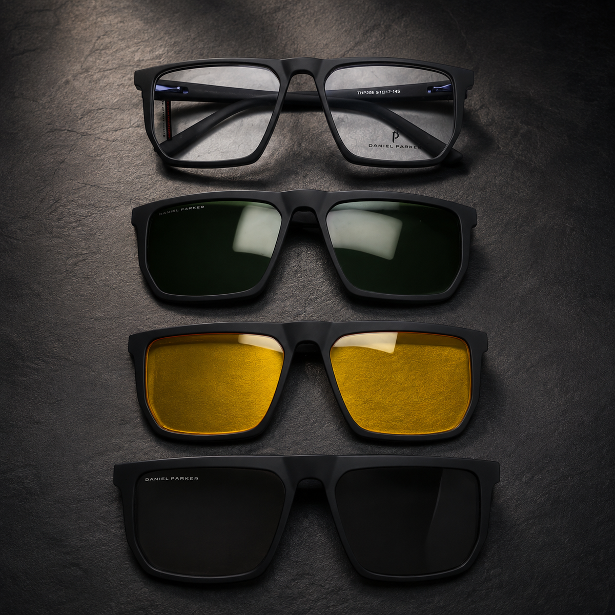 Premium Matte Black Optical Frame with 3 Magnetic Polarized Clip-On Lenses -  BLK-OF-0070