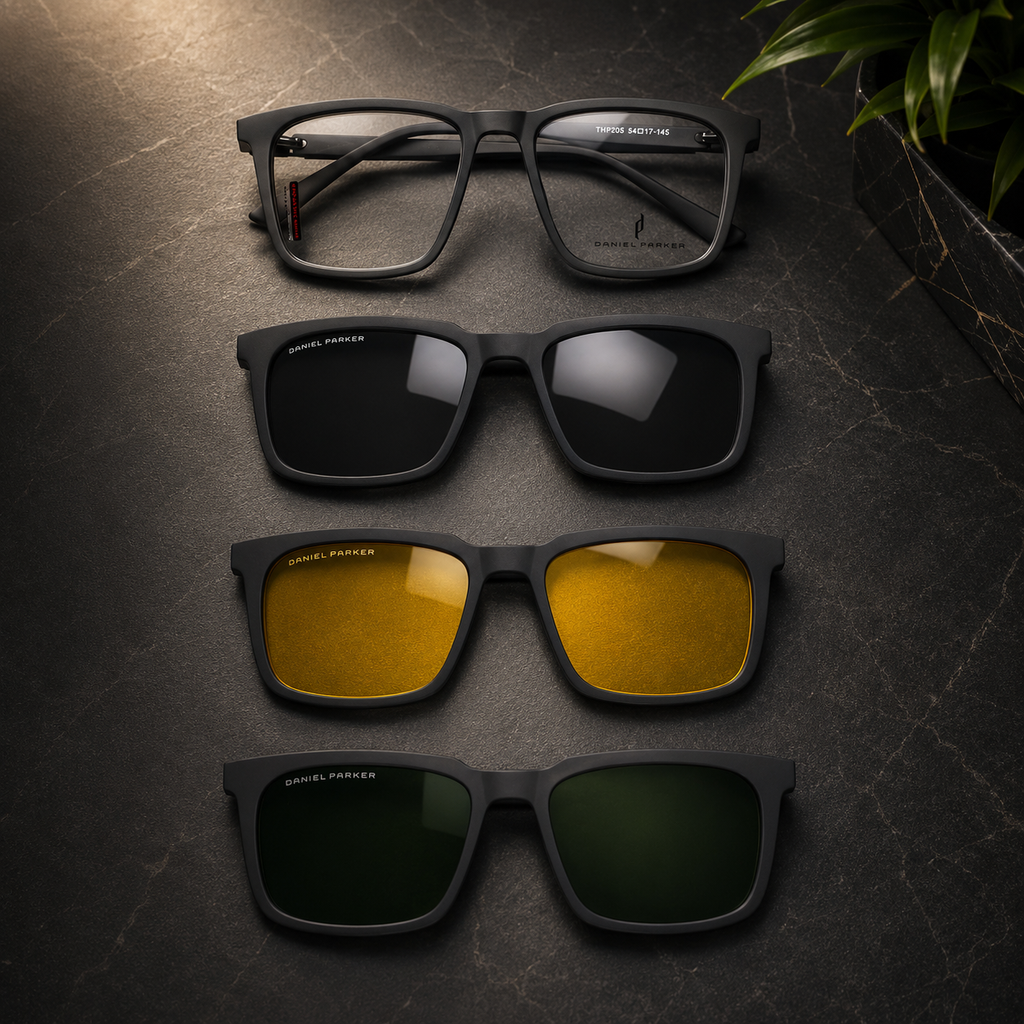 Premium Matte Grey Optical Frame with 3 Magnetic Polarized Clip-On Lenses -  BLK-OF-0071