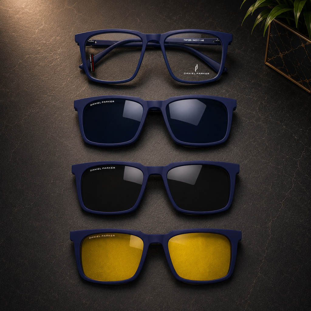 Premium Matte Blue Optical Frame with 3 Magnetic Polarized Clip-On Lenses -  BLK-OF-0072