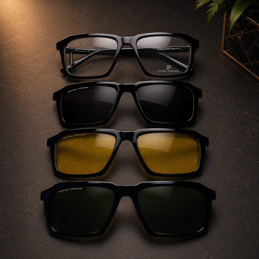 Premium Black Optical Frame with 3 Magnetic Polarized Clip-On Lenses -  BLK-OF-0073
