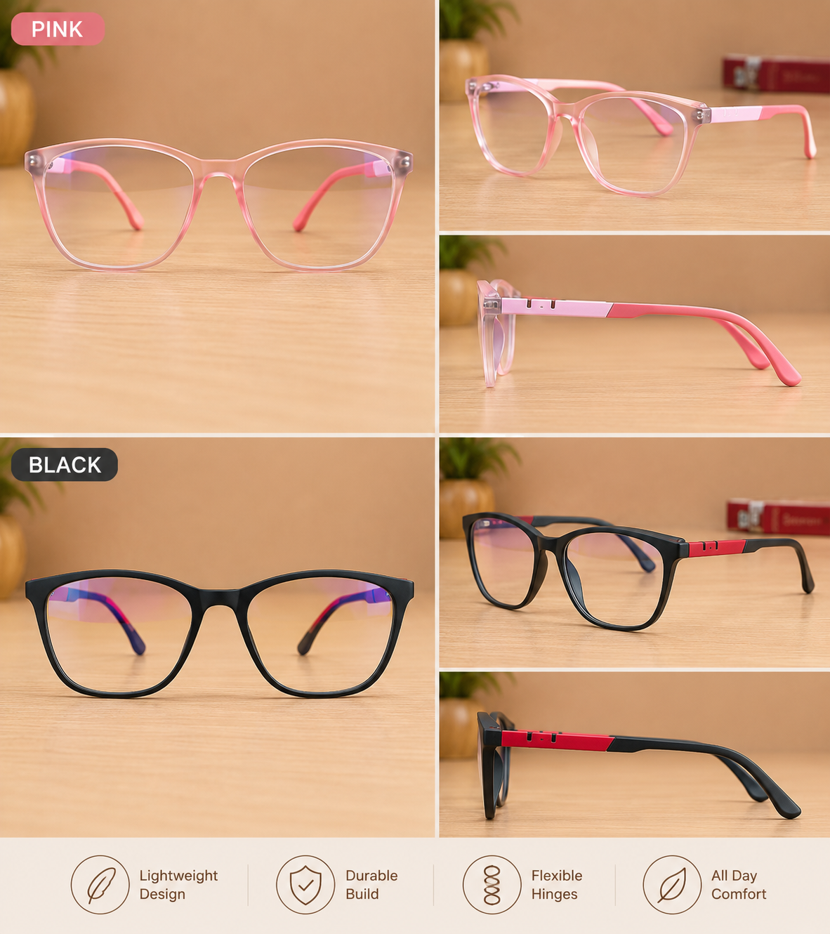 Blink Eyewear Lightweight TR Rectangular Eyeglasses – Crystal Pink & Matte Black - Blink Eyewear Lightweight TR Rectangular Eyeglasses – Available in Crystal Pink & Matte Black