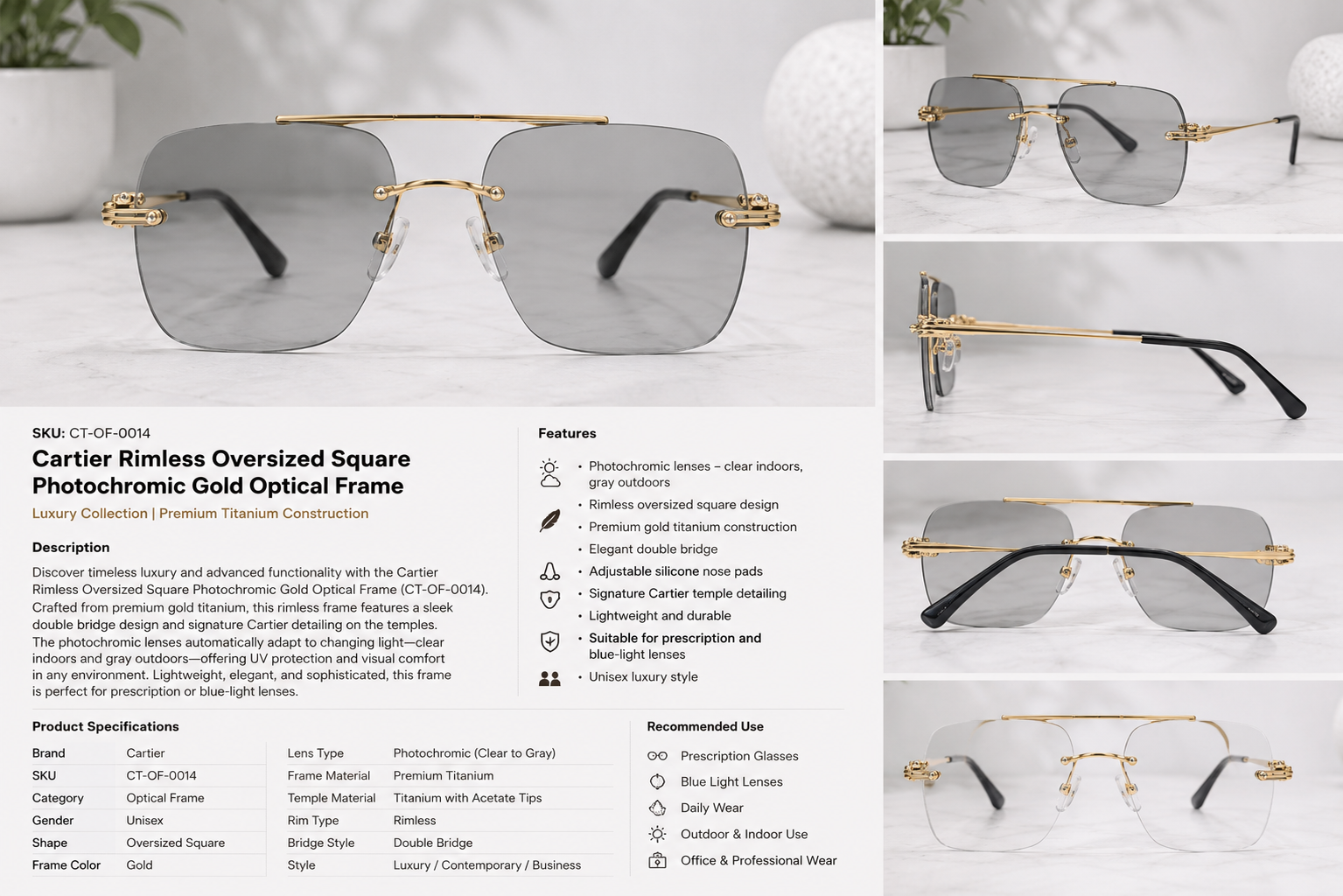 Cartier Rimless Oversized Square Gold Optical Frame With Transition Glasses  Luxury Collection | Premium Titanium Construction - CT-OF-0014