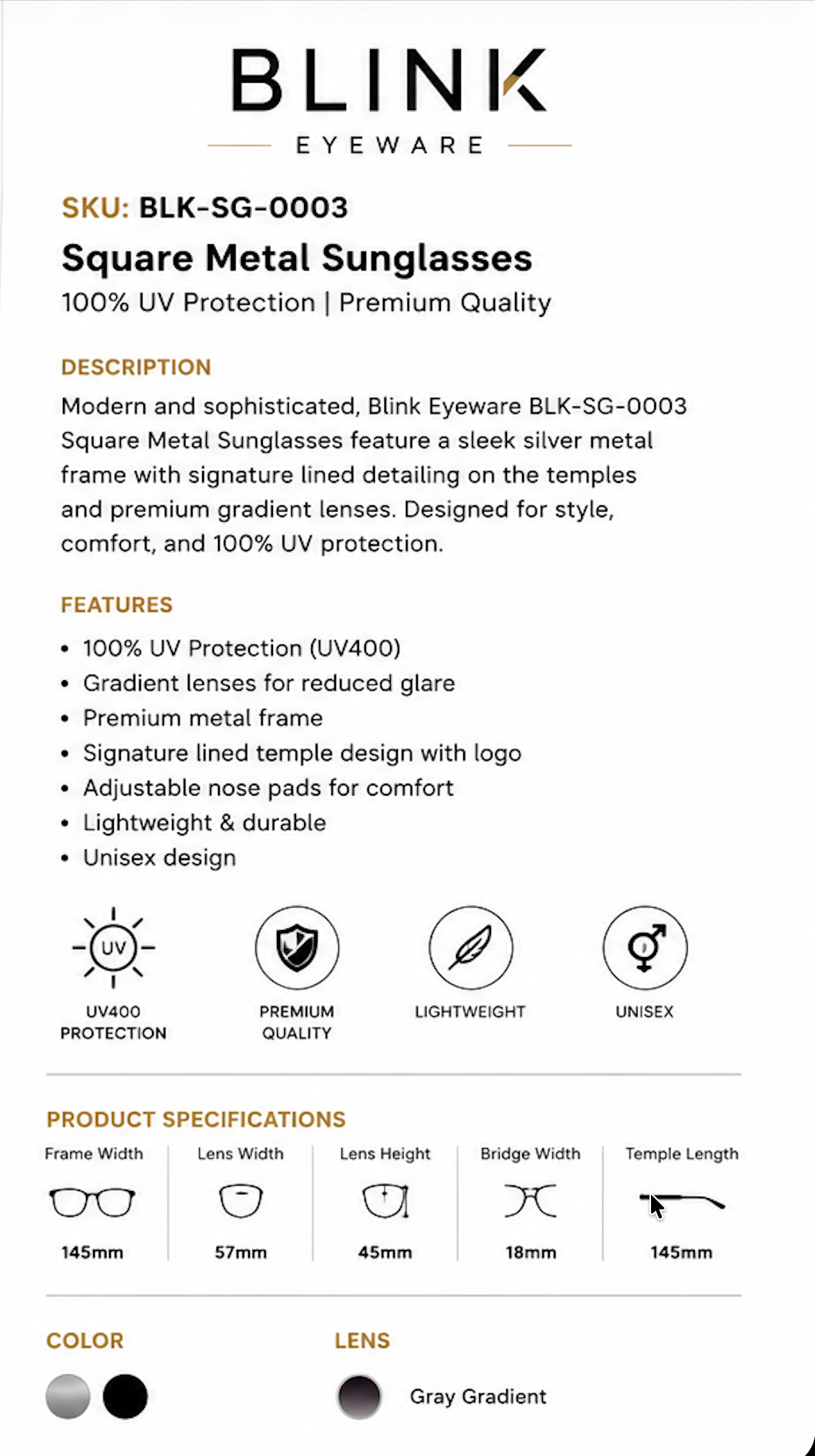 Square Metal Sunglasses 100% UV Protection | Premium Quality - BLK-SG-0005